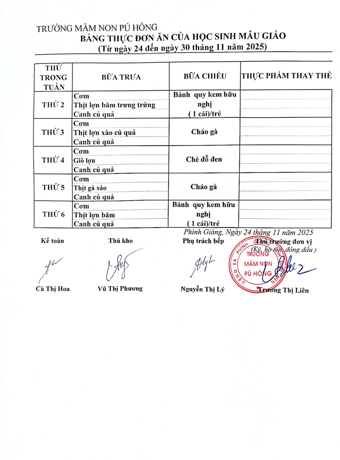 Thực đơn tháng 11 mẫu giáo 2