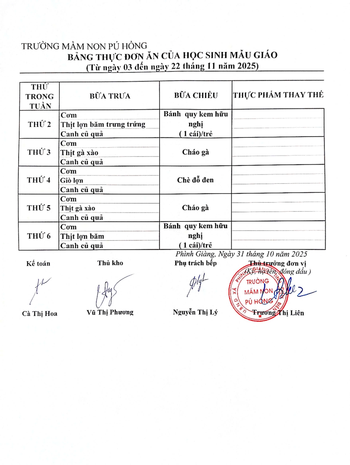 Thực đơn tháng 11 mẫu giáo