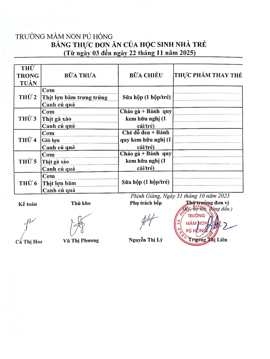 Thực đơn tháng 11 Nhà trẻ 1