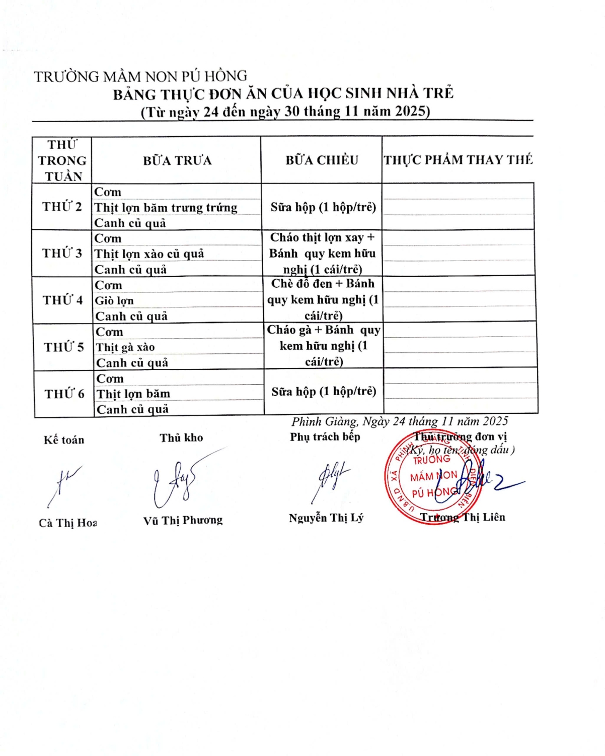 Thực đơn tháng 11 nhà trẻ 2