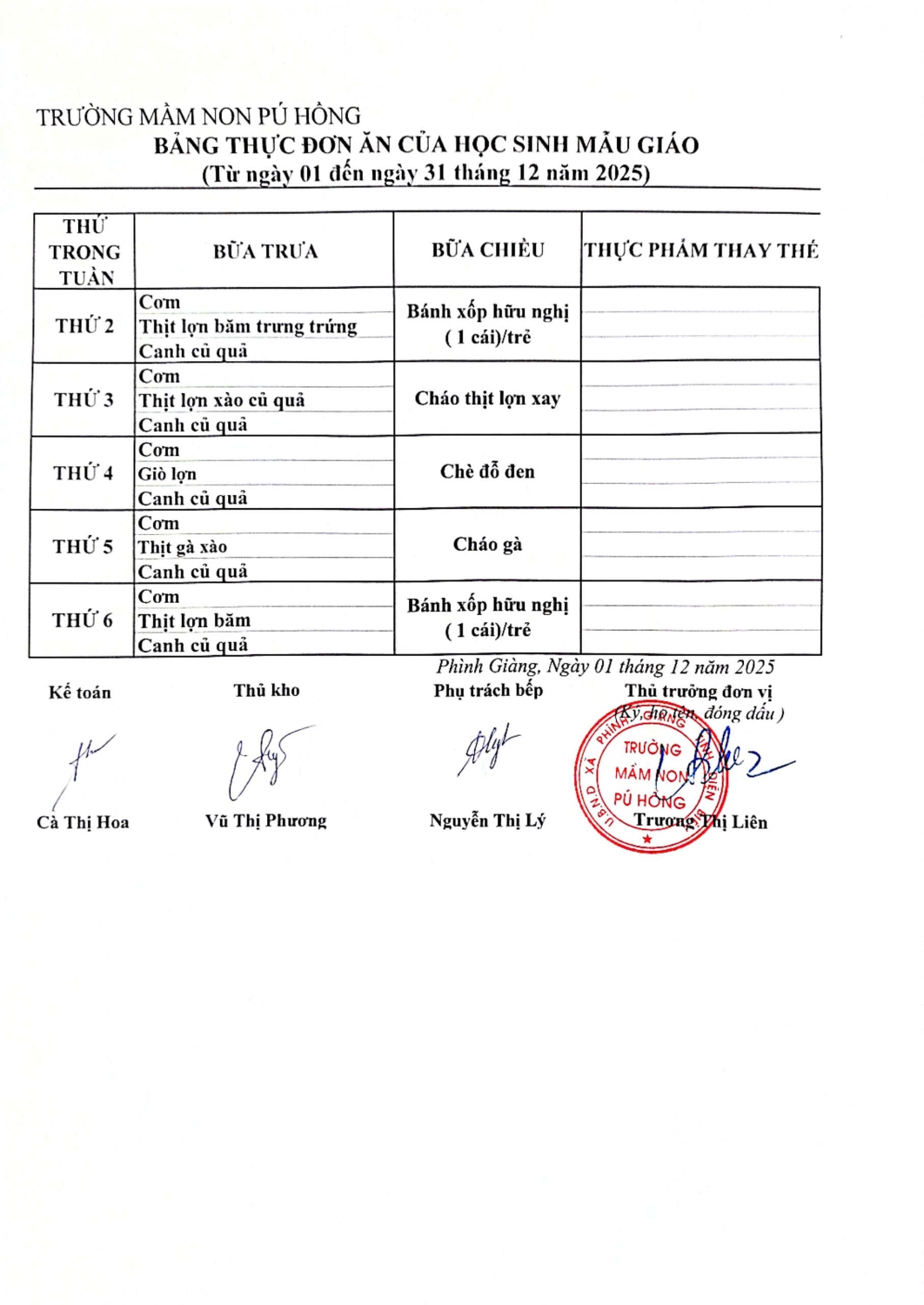 Thực đơn tháng 12 mẫu giáo