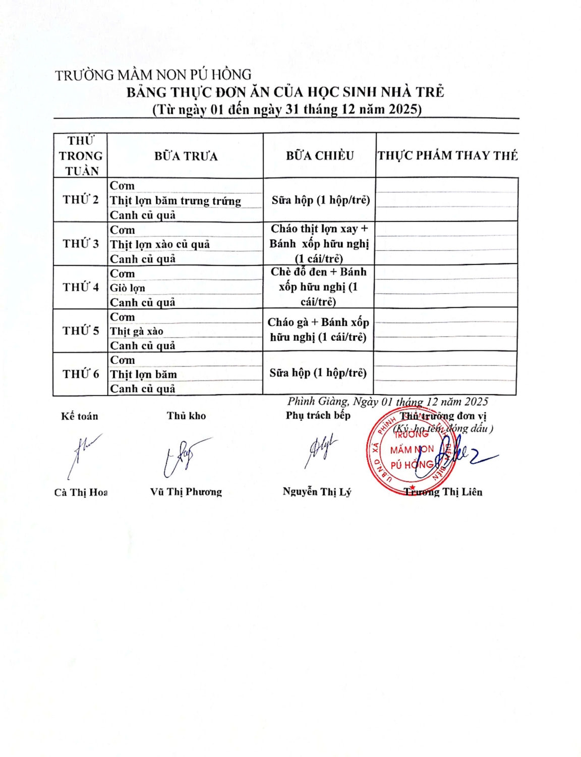 Thực đơn tháng 12 Nhà trẻ