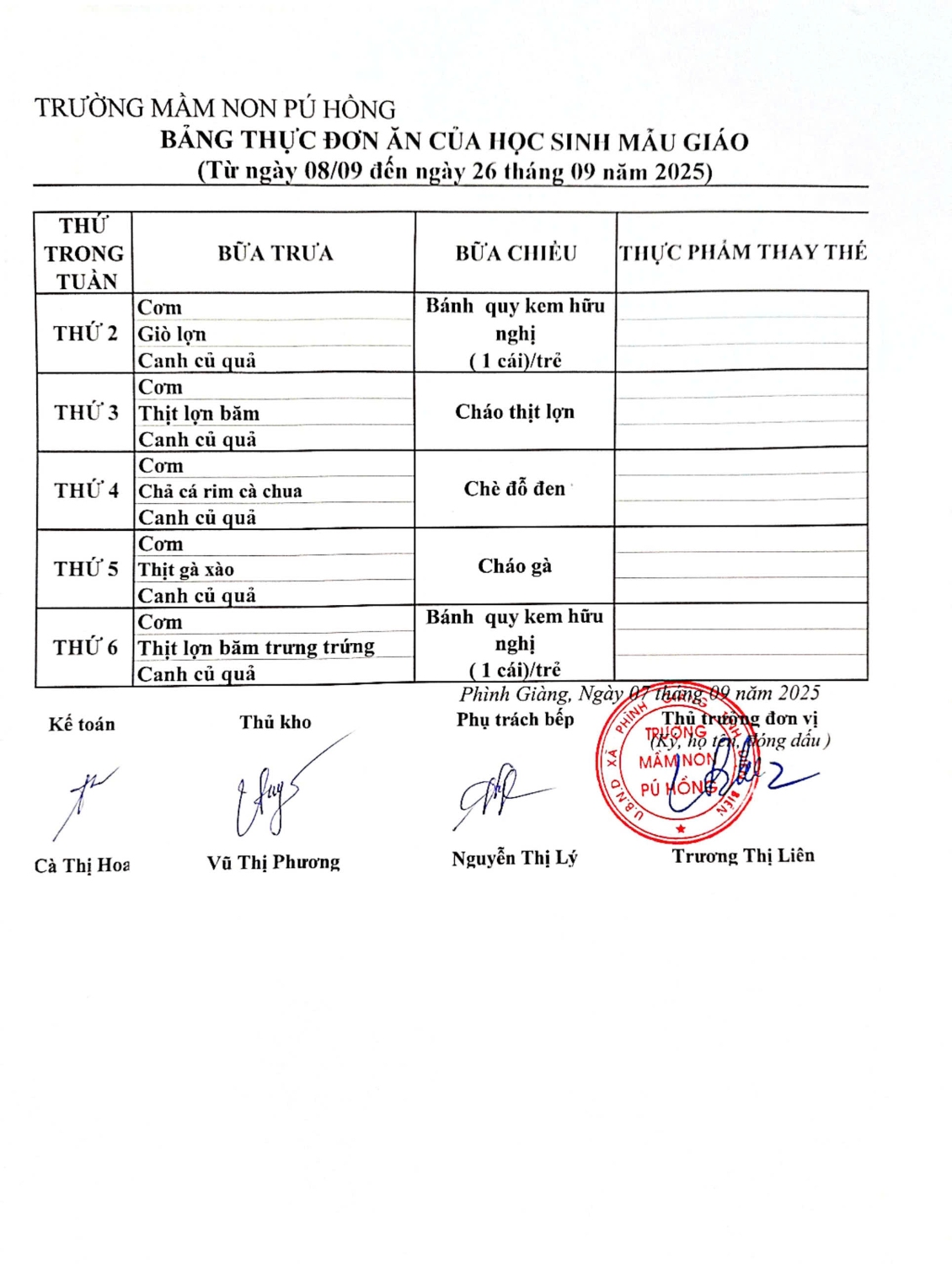 Thực đơn tháng 9 mẫu giáo