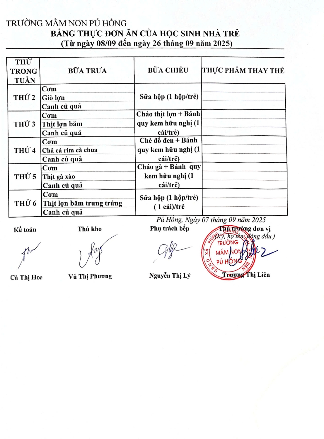 Thực đơn tháng 9 nhà trẻ